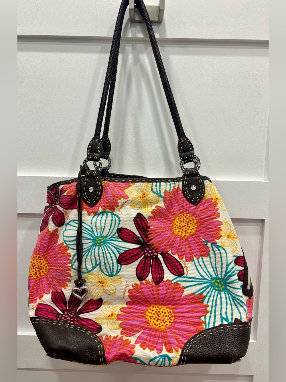 Brighton Large Floral Canvas Shoulder Bag Tote w/ Leather Handles